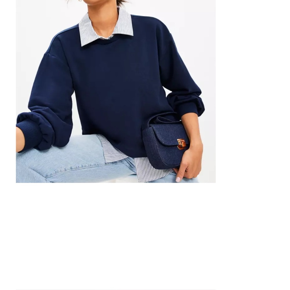 LOFT Navy Blue Sweatshirt with Striped Collar